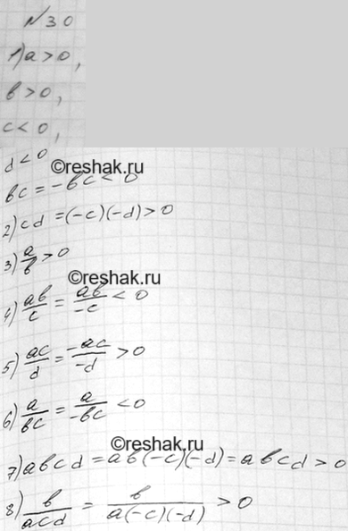 Изображение 30. Известно, что а > 0, b > 0, с < 0, d < 0. Сравните с нулём значение выражения:1) bс;   2) cd; 3) a/b;4) ab/c;5) ac/d;6) a/bc;7) abcd;8)...