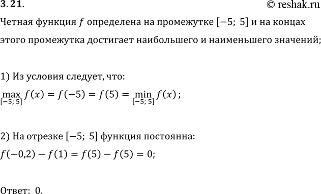 Изображение 3.21. Чётная функция f определена на промежутке [-5; 5] и на концах этого промежутка достигает наибольшего и наименьшего значений. Найдите...